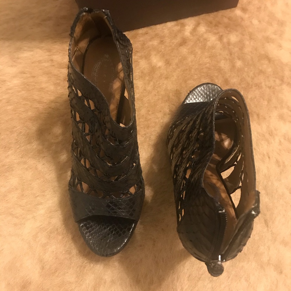 ELIE TAHARI black snakeskin cutout booties